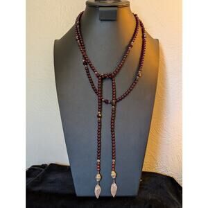 Boho Garnet Glass Bead Cranberry Pearl Sterling Leaf Tassel 63" Lariat Necklace